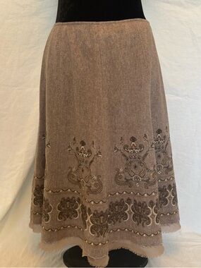 Embroidered Boho A Line Midi Skirt Taupe Folk Art Prairie Western Size 8